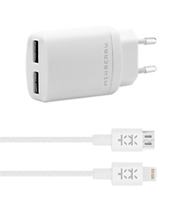 Сетевое зарядное устройство Mixberry 3.4A 2USB + 2 кабеля (Цвет: Белый) - фото 15797